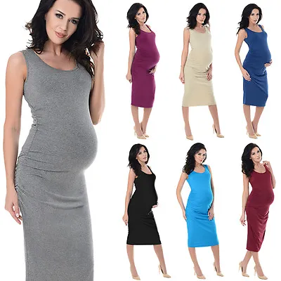 £9.98 • Buy Purpless Sleeveless Jersey Ruched Pregnancy Maternity Midi Dress Dresses 8130