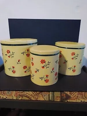 Vintage Nesting Metal Canisters With Lids Set Of 3 Yellow With Red Flowers • $24.95