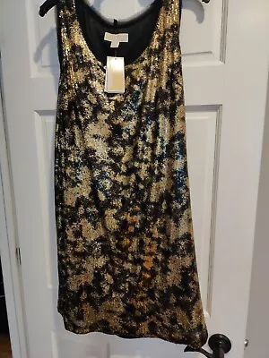 MICHAEL KORS Size LARGE Black & Gold SEQUIN Tank Dress Cocktail Party Women’s • $36.50