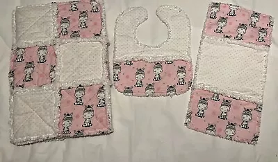 HANDMADE RAG QUILT 3 PC GIRL SET -blanket Bib Burp Pad - Cute Zebras • $24.99