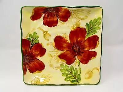 Poppy Garden By Maxcera Square Salad Plate Red Yellow Flowers Cream Green Trim • $9.09