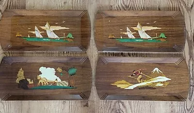 Vintage HASKO Deluxe Lap Buffet Wood Trays 16x7.5  Lithograph Set Of 4 • $14.99