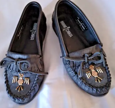 Moccasins-Women's Size 6M-MINNETONKA Beaded Leather-Black--Very Good Condition! • $12.99