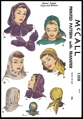 McCall 1358 PATTERN Hood Cap Hats Mittens 1940's • $5.99