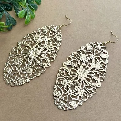 HUGE Gold Tone Filigree Statement Earrings Made With Vintage Supplies In Texas • $9.99