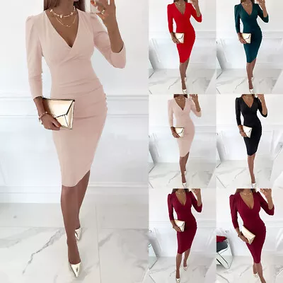 Women V-Neck Sexy Midi Dress Ladies Evening Cocktail Party Bodycon Grown Size 16 • £12.99