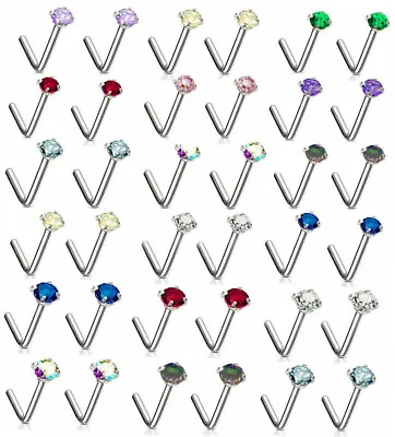 Pair 18G 20G Nose Rings Ring L Shape Bend Prong Crystal Stud Clear 2mm 3mm CZ • $5.95