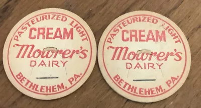 MOWRERS Dairy Cream PASTEURIZED LIGHT CREAM Milk Bottle Caps BETHLEHEM PA Qty 2 • $4.99