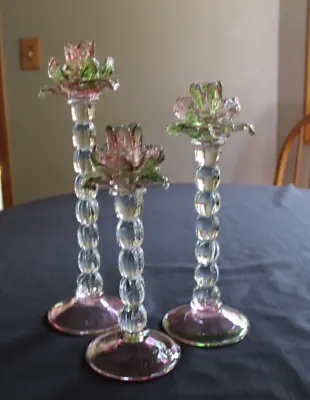 Rare 3 Vintage Venetian Blown Glass Floriform  Candlesticks W Pink Green Roses • $59.99