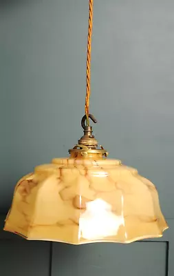 VINTAGE DECO Cased GLASS LIGHT SHADE Vanilla Marble. Antique Ceiling Light • £85