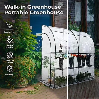 Lean-to Walk-in Greenhouse With Roll Up Windows And Door 2 Tier 4 Shelves • £40.99