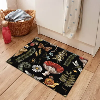 Botanical Red Mushroom Black Kitchen Mat Non-Slip Carpet Bedroom Floor Area Rugs • $15.80