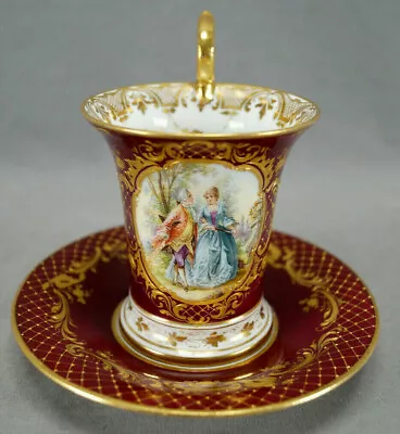 Dresden Hand Painted Watteau Scene Red Maroon Raised Gold Chocolate Cup & Saucer • $595