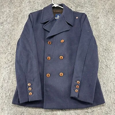 VTG G Star Raw Jacket Mens XL Blue Navy Wool Lined Double Breasted Pea Coat • $59.96