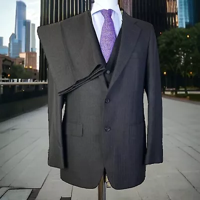 Adams Row Vintage Brown Pinstripe 2 Button 3 Piece Suit Mens 40L 34x31 • $89.99