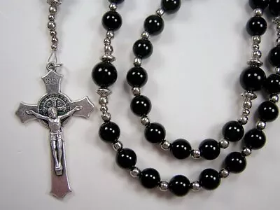 Mens Black Rosary Necklace XL 23  Black Onyx Gemstones Rosario Collar Masculino • $47.79