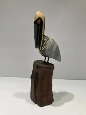 Hand Carved Painted Wood Pelican On Wood Post Nautical Ocean Sea Bird Sculpture • $30