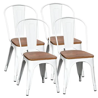 Set Of 4 Dining Chairs Metal Industrial Side Chair Wooden Seat Bistro Cafe White • £128.95