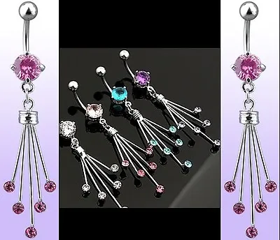 Chandelier And Gem Belly Bar 14g 316L Surgical Steel Chains Dangle Navel Bar  • £4.65