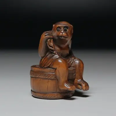 NETSUKE Japanese Wooden Sculpture Wood Carving Bathing Monkey 1.2x1.5x1.9in • £96.51