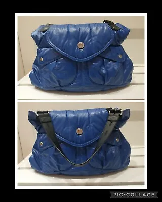 Via Spiga Purse Shiny Cobalt Blue Quilted Shoulder Bag Roomy Snap Closure • $19.99