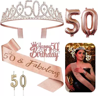 50th Birthday Decorations For Her - 5pcs Gifts Including 50th Tiara Crown Sash • £14.40