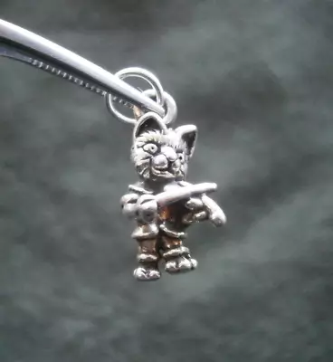 Cat Playing Fiddle Nursery Rhyme Vtg 925 Sterling Silver Bracelet Charm Pendant • $16.50