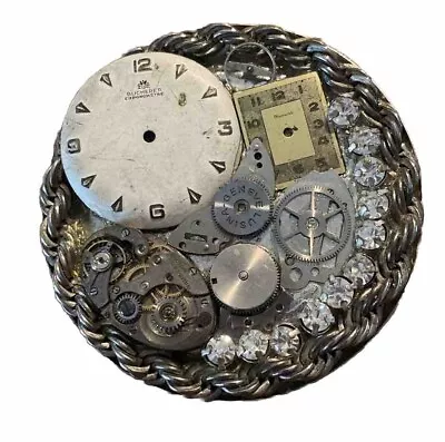 Steampunk Watch / Gears / Rhinestones 2-3/8 Inch Diameter Pin/Brooch • $2