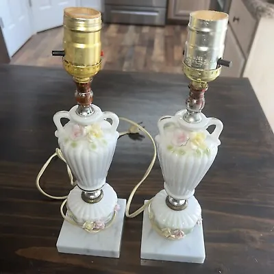 Set Of 2 VINTAGE WHITE PORCELAIN ROSE W MARBLE BASE SMALL 13” LAMPS  WORK! • $19.99