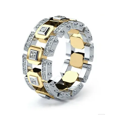 Men Women Lover Two Tone Shiny Rhinestone Finger Ring Wedding Jewelry Gift Deco • $2.79