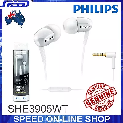 PHILIPS SHE3905WT Headphones Earphones With Mic - Rich Bass - WHITE - GENUINE • $45