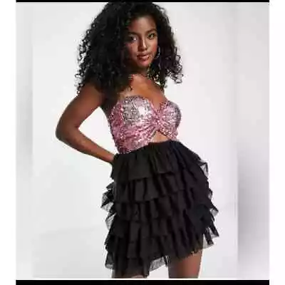 Miss Selfridge Women's Pink & Black Sequin Mesh Bandeau Rara Mini Dress Size 6 • $35