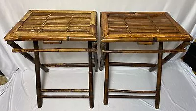 Vintage Pair Of Mid Century Bamboo Foldable TV Tray Side Tables Tiki Stand 25.5  • $189