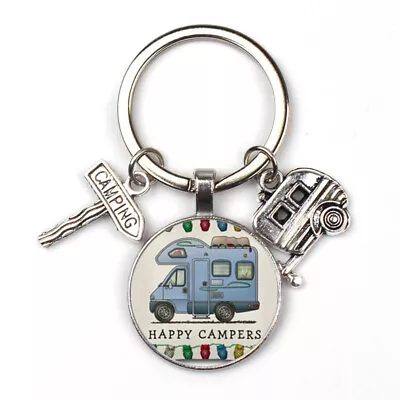 Happy Campers Keychain Camping Van Glass Travel Vacation Charm Keychain • £4.05