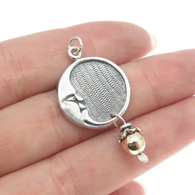 925 Sterling Silver 2-Tone Vintage Crescent Moon Face Dangling Ball Pendant • $44.99