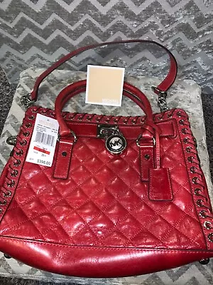 MICHAEL KORS Hamilton Hippie Grommet Red Quilted Leather Satchel Purse NEW • $144.99