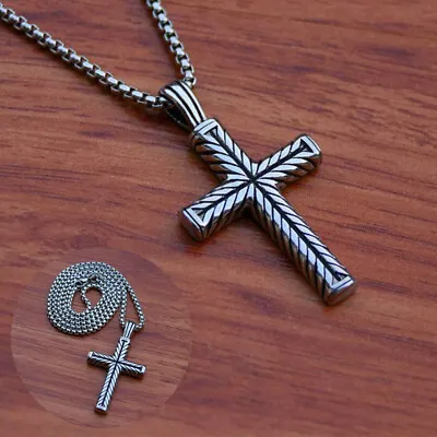 Stainless Steel Women Silver Mens Vintage Cross Pendant Necklace Fashion • £3.47