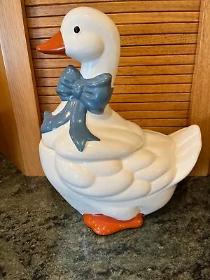 Vintage 80s Ceramic Mother Goose Style COOKIE JAR - BLUE BOW  14   Tall  Ex Cond • $29.99