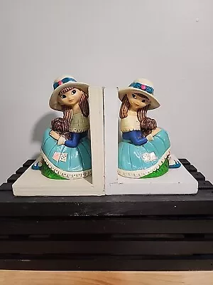 Vintage Retro Mid Century Earl Bernard Wood Painted Bookends Girl With Dog • $44.99