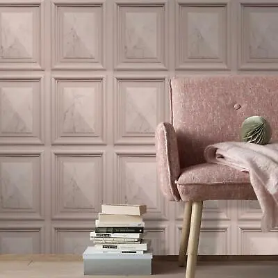 Marble Wood Panel Effect Wallpaper Blush Pink AG500-35 World Of Wallpaper • £19.99