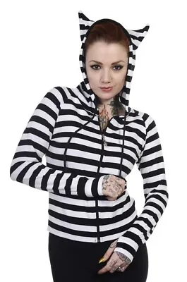 Women's Black White Striped Emo Rockabilly Punk Cat Ears Hoodie BANNED Apparel • £30.99