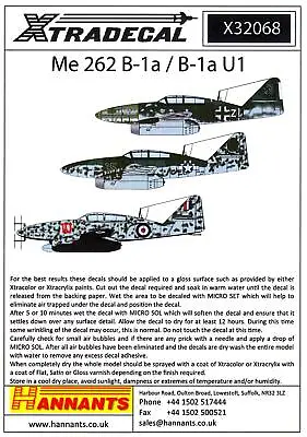 Xtra Decals 1/32 MESSERSCHMITT Me-262 B1a And B-1aU1Jet Fighters • $13.50