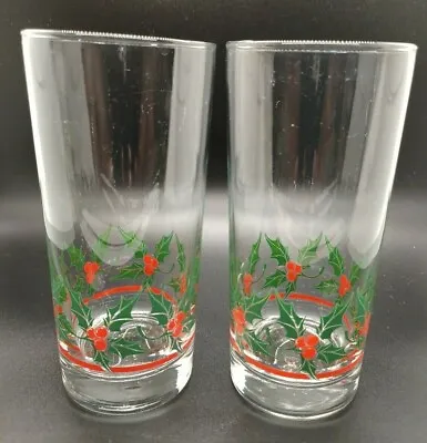 2 Vintage Libbey Holly Leaves Red Berries Christmas Beverage Glasses 16oz  • $11.86