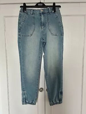 M&s Ladies Stretch Blue Denim Jeans Trousers - Elastic Waist/ankle - 8 Short New • £8.99