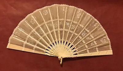 Antique 15  Victorian Hand Fan Pleated Lace 16 Wood Spindles Floral 8  Tall • $23.99