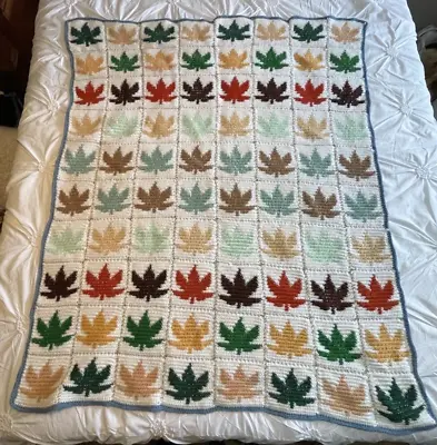 Vintage Hand Knitted Color Block Maple Leaf Design Blanket Throw 54 In X 43 In • $28.99