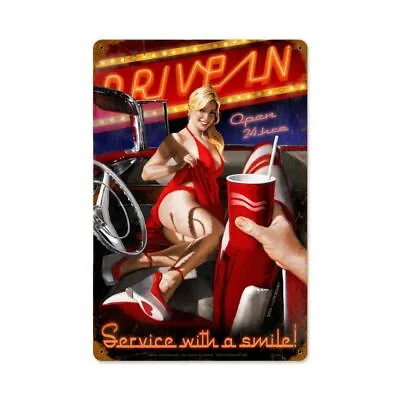 Drive In Movie Date Pin Up Metal Sign By Greg Hildebrandt • $129