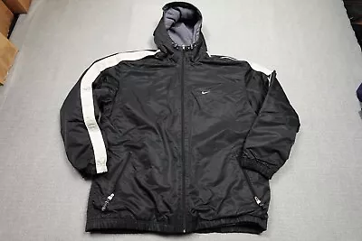 Vintage Nike Jacket Mens XL Black Parka Hooded Fleece Lined Swoosh Silver Tag • $44.97