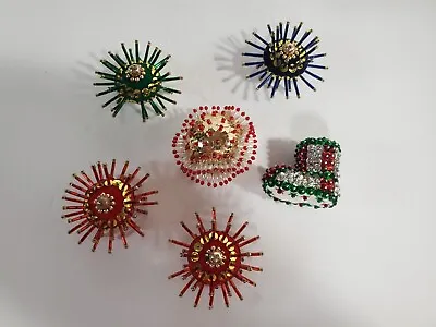 Vintage Hand Crafted Sequin Beaded Push Pin Christmas Ornaments Lot Of 6 • $12