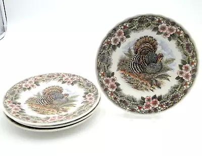 Queens Majestic Beauty Autumn Fall Thanksgiving TURKEY 8  Dessert Plates Set 4 • $53.06